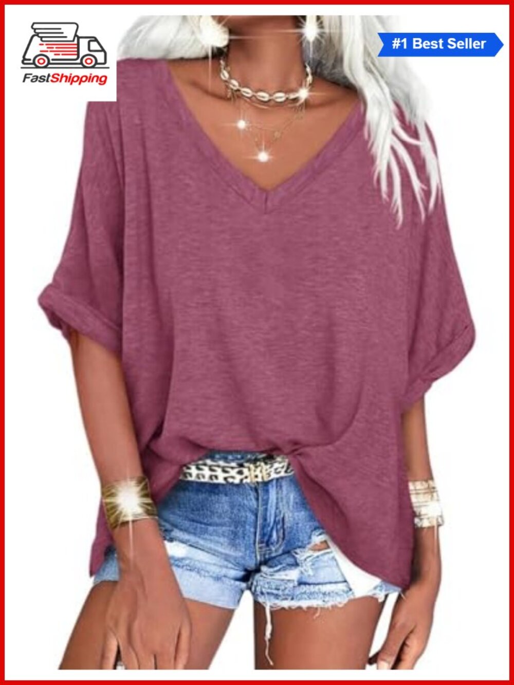 Womens Oversized V Neck Zip Short Sleeve Summer Tee Rolled Sleeves